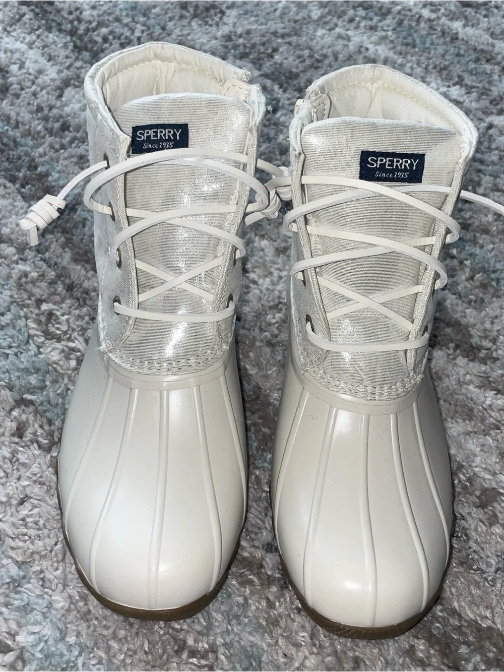 NWOT Sperry Girl’s Shimmer Light Cream/White Waterproof Duck Boots - Lace-Up